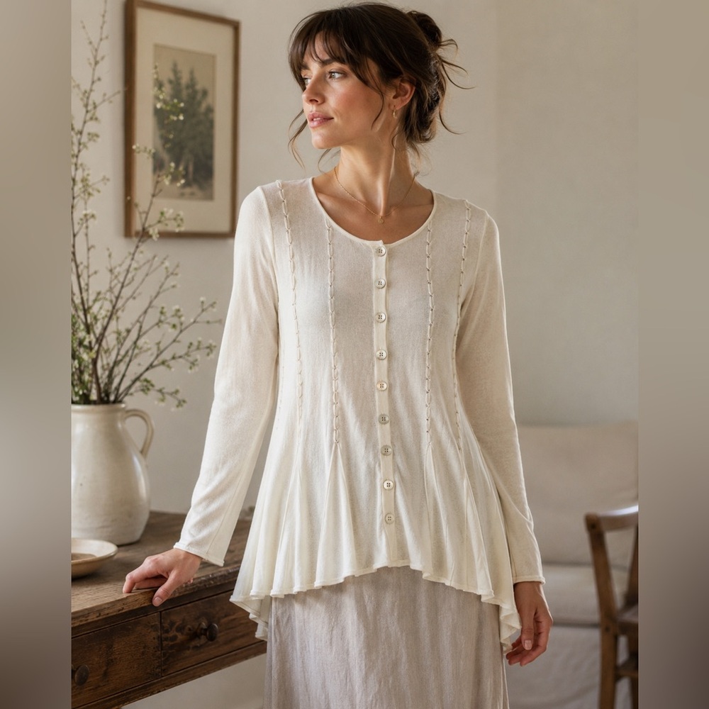 Mansted Cardigan M Ivory Cotton Button Front Lagenlook Cottagecore Danish Knit